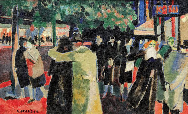 Painting by Andre Brasilier: Andre Brasilier (French, b. 1929), "Les Amoureux du Mont Parnasse," circa 1952, oil on canvas, signed 'A. Brasilier" lower left, canvas: 17.75"h x 28.75"w, overall (with frame): 23.75''h x 34.5''w. Ex