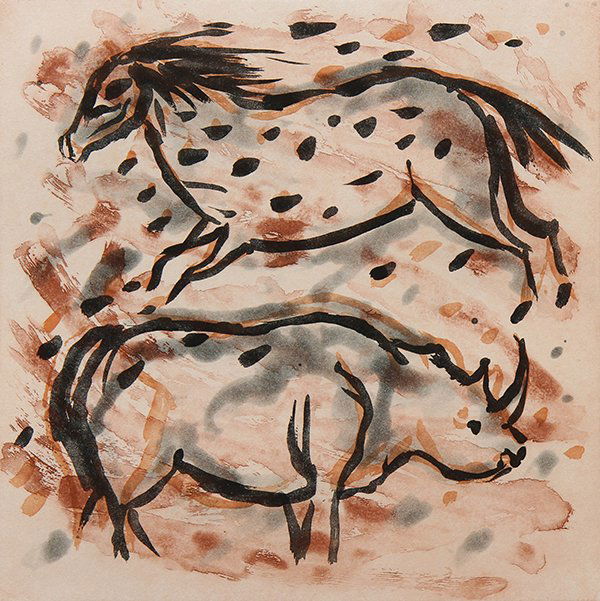 Print, Elaine de Kooning, Grotto at Les Eyzies: Elaine de Kooning, "Grotto at Les Eyzies (from The Bulls)," 1985, lithograph in colors, pencil signed lower right and dated, edition 3/35, image: 10"h x 10"w, overall (with frame): 18"h x 17.5"w