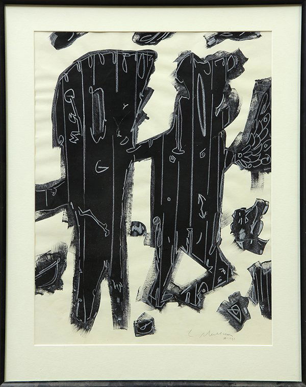 Drawing, Lee Mullican, Paper Makers: Lee Mullican (American, 1919-1998), "Paper Makers," 1957, mixed media on paper, signed and dated lower right, sight: 23"h x 17.5"w, overall (with frame): 29"h x 22.75"w