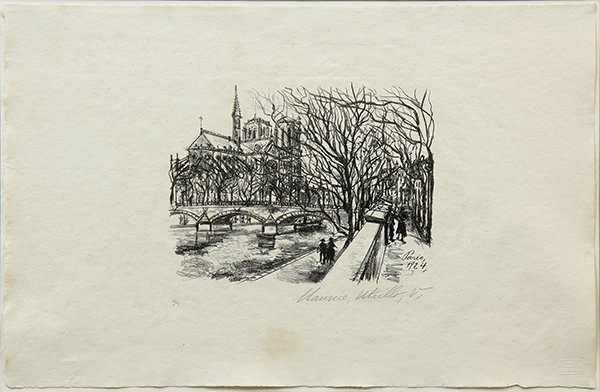 Print, Maurice Utrillo, Notre Dame de Paris (from: Maurice Utrillo (French, 1883-1955), Notre Dame de Paris (from Maitres et petits maitres d'aujourd'hui), 1925, lithograph, pencil signed lower right, edition 14/25, image: 7"h x 8.5"w, sheet: 12.5"h x