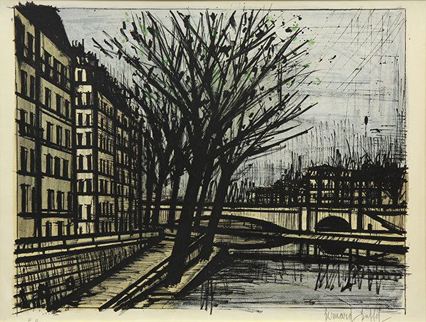 Print, Bernard Buffet, L'Île Saint-Louis: Bernard Buffet (French, 1928-1999), L'Île Saint-Louis (from the Paris Suite), 1962, lithograph in colors, pencil signed lower right, edition E.A., published by Alain Mazo & Cie, image: 20"h x 26"w, o