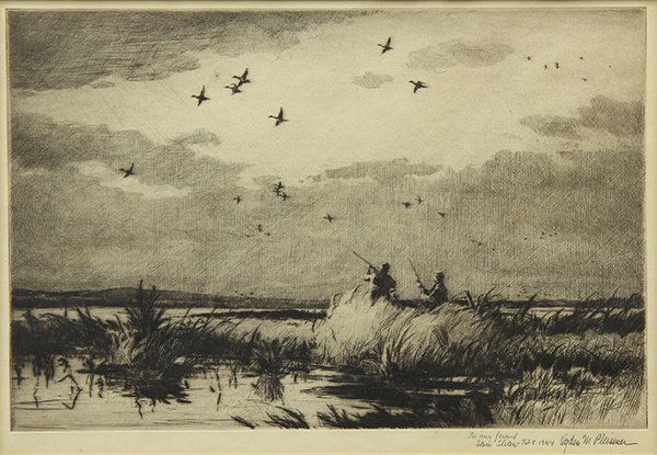 Print, Ogden M. Pleissner, Passing Pintails: Ogden Minton Pleissner (American, 1905-1983), Passing Pintails, 1942, drypoint etching, pencil signed lower right, from an edition of 60, inscribed, "to my friend Sam Shaw, Feb 8, 1944" lower right, i