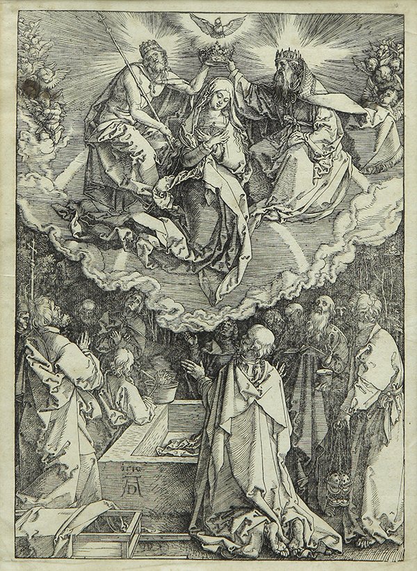 Print by Albrecht Durer: Albrecht Durer (German, 1471-1528), "The Coronation of the Virgin," 1510, woodblock, later printing, sheet: 12.5"h x 9.25"w, overall (with frame): 20.75"h x 15.75"w