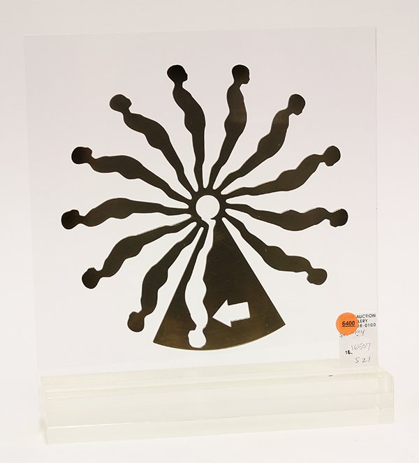 Ernest Tino Trova (American, 1927-2009), Falling Man: Ernest Tino Trova (American, 1927-2009), Falling Man (Suspended Relief), 1969, polished brass dial on plexiglass, monogrammed back center, edition 68/175, overall: 12.5"h x 11"w x 3"d. Provenance: The