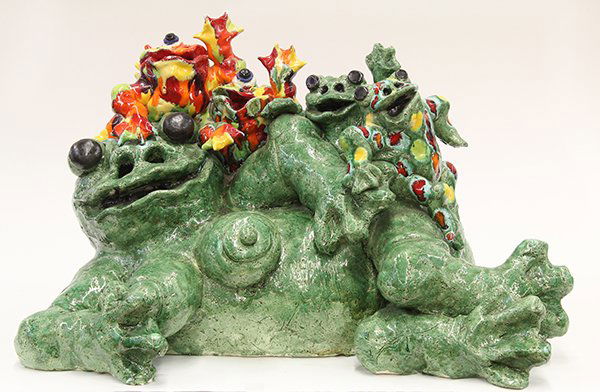 Sculpture, David James Gilhooly: David James Gilhooly (American, b. 1943), Untitled (Sexy Frog Nude and Colored Frogs), 1979, ceramic sculpture, signed and dated lower right, overall dimensions: 15"h x 24"w x 13.5"d. Provenance: From