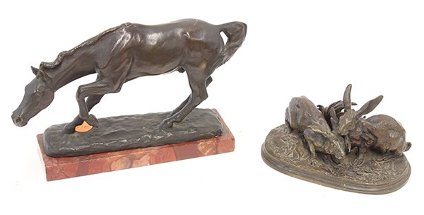 Sculptures by Pierre Jules (P.J.) Mene: (lot of 2) Pierre Jules (P.J.) Mene (French, 1810 - 1879), Les Lapins and Le Cheval, bronze sculptures, each signed at base, overalls: 3''h x 6''w x 3.75''d / 5.5''h x 9''w x 3.5''d