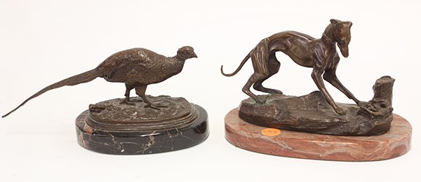 Sculptures by Pierre Jules (P.J.) Mene: (lot of 2) Pierre Jules (P.J.) Mene (French, 1810 - 1879), Le Chien and Le Faisan, bronze sculptures, each signed at base, overalls: 4.5''h x 8.25''w x 4.25''d / 4''h x 9''w x 4''d