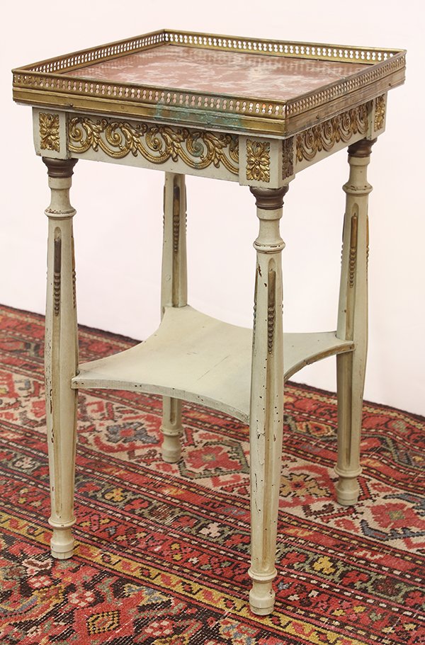 Neoclassical style tabouret: Neoclassical style tabouret, early 20th century, the galleried marble top surmounting the gilt metal mounted apron and rising on turned fluted legs conjoined by the lower tier, 21.5"h x 12"w x 11'5"d