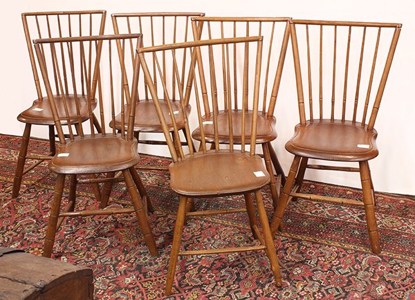 American Windsor side chairs: (lot of 6) American Windsor side chairs, early 19th century, the crestrail having six faux bamboo turned spindles terminating at the plank seat, and rising on turned legs, 33"h