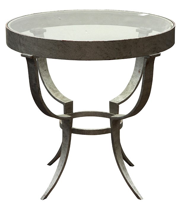Moderne gueridon center table in the Jansen taste: Moderne gueridon center table in the Jansen taste, executed in painted metal and glass, having a circular top with a wide silver metal apron rising on curved stave legs conjoined by a circular stretch