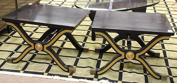 Pair of Dorothy Draper "Espana" tables for Henredon,: Pair of Dorothy Draper "Espana" tables for Henredon, circa 1960, executed in black lacquered wood with partial gilt accents, having rectangular tops rising on double 'X' bases ending in brass sabots, 