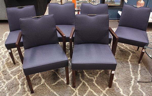 (lot of 6) Set of Edward Wormley for Dunbar dining: (lot of 6) Set of Edward Wormley for Dunbar dining chairs with brass back pulls, consisting of two arm chairs and four side chairs, each with rectangular upholstered backs having integrated brass pull