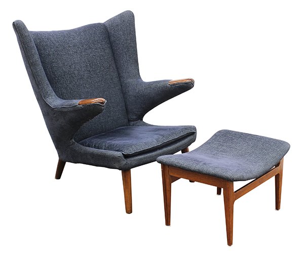 (lot of 2) Danish, Hans Wegner Papa Bear chair, in blue: (lot of 2) Danish, Hans Wegner Papa Bear chair, in blue grey wool upholstery, having a stylized wing back terminating at the wood returns, and rising on tapered legs, unmarked, 38"h x 31"w x 20"d; sea
