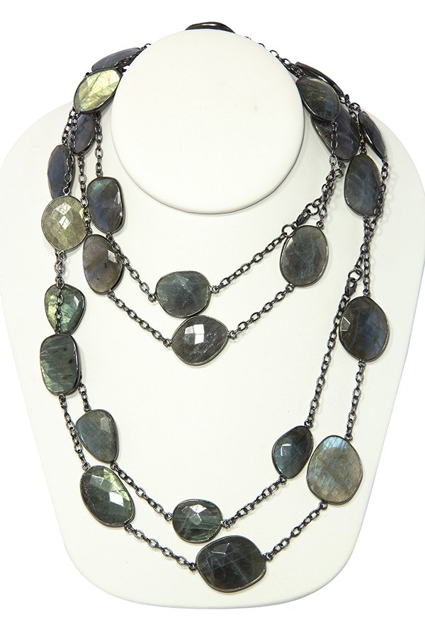 (Lot of 2) Labradorite and sterling silver necklaces: (Lot of 2) Labradorite and sterling silver necklaces featuring labradorite rose cut plaques each measuring approximately 22 x 18 mm, totaling approximately 596 cts., both necklaces are 36 inches long,