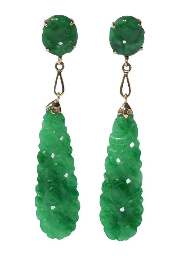 Pair of carved jadeite earrings Mason Kay 'A' jade: Pair of carved jadeite 14k yellow gold drop earrings featuring two tear drop shaped pierced and carved jadeite plaques measuring approximately 29.1 x 9.5 x 2.7 mm, accompanied by a Mason-Kay Jadeite A