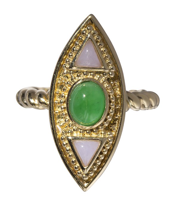 Jadeite and 18k yellow gold ring Mason-Kay 'A' jade: Jadeite and 18k yellow gold ring centering one fine oval jadeite cabochon measuring approximately 6.8 x 5.6 x 3.3 mm, accompanied by a Mason-Kay Jadeite Authenticity report, stating Natural Jadeite Ja