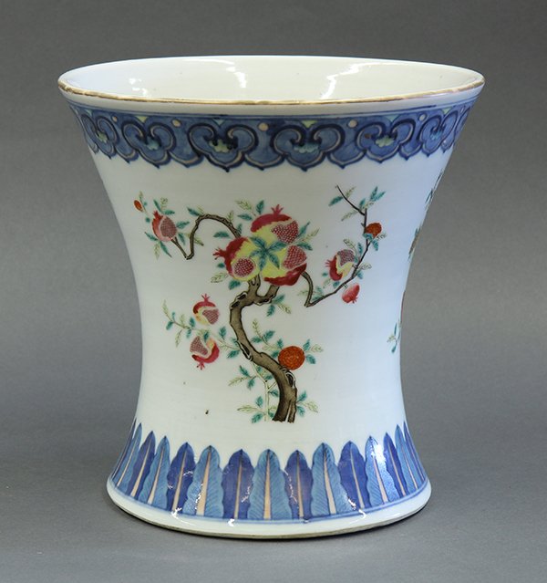 Chinese Export Porcelain Vase, Fruits: Chinese export porcelain vase, 19th century, the waisted body enameled with sprigs of peach, pomegranate and mulberry, accented by an underglaze ruyi pattern to the rim and plantain leaf pattern to th