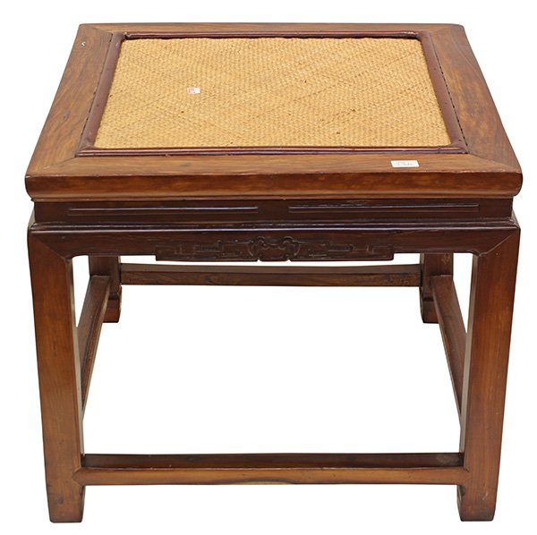 Chinese Hardwood Stool: Chinese hardwood square stool, with a woven seat within a mortise and tenon frame, the waist carved with raised bands and sits above a plain bead edge apron, raised on straight supports joined to stre