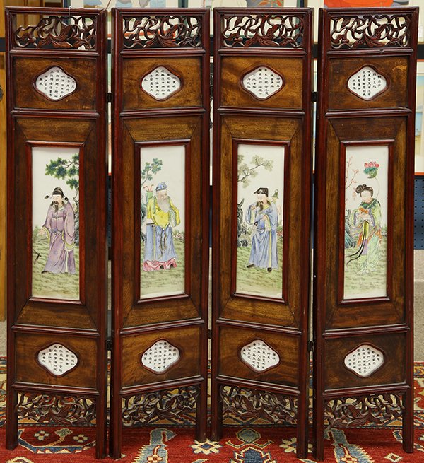 Chinese Mid-size Screen with Porcelain Plaques: Chinese four panel mid-size wood screen inset with porcelain plaques, featuring four of the eight Daoist Immortals (He Xiangu, Lu Dongbin, Zhang Guo Lao, Cao Guojiu), the upper and lower section with 