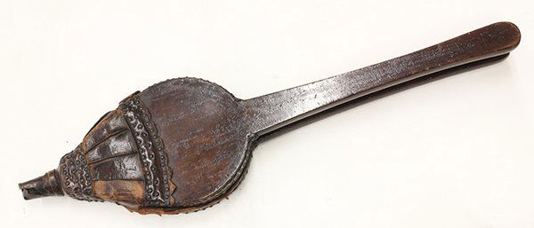 Continental forge bellows: Continental forge bellows, 18th century, executed in hard wood and leather with tacks, 39"h x 10"w x 4.5"d