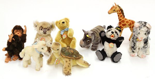 Collection of Steiff miniature animals: (lot of 9) Collection of Steiff miniature animals, consisting of a cat, a panda, a rhino, a lamb, a bear, a monkey mother and child, a giraffe, a turtle and a koala, 6.5"h