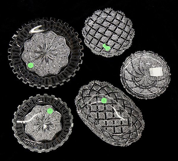 (lot of 5) American brilliant cut glass table articles: (lot of 5) American brilliant and Russian cut glass table articles, each having a geometric cut body, consisting of low bowls, serving platters, and trivets. Two with Russian marks.