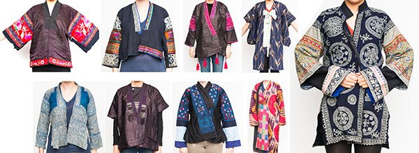 Southeast Asian hand-stitched traditional textiles: (lot of 9) Southeast Asian hand-stitched traditional textiles including embroidered jackets, and ikat style robes. Provenance: From the estate of Edward Gerber