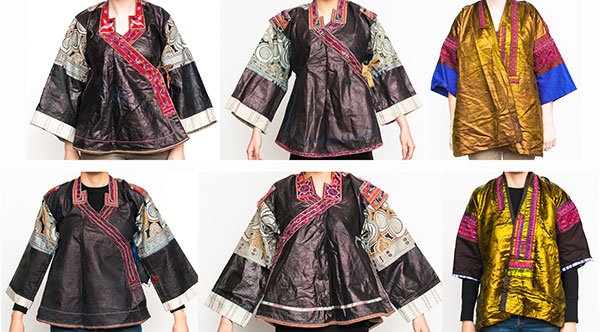 Southeast Asian traditional textiles hand-stitched into: (lot of 6) Southeast Asian traditional textiles hand-stitched into embroidered garments. Provenance: From the estate of Edward Gerber