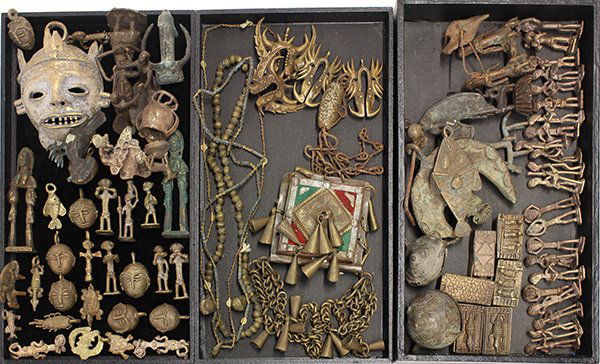 Collection of Ghana, West Africa, cast brass figurative: (lot of 80) Collection of Ghana, West Africa, cast brass figurative objects, based upon gold-weight figurines, but decorative, including five small boxes in the gold dust style, depicting animals, two