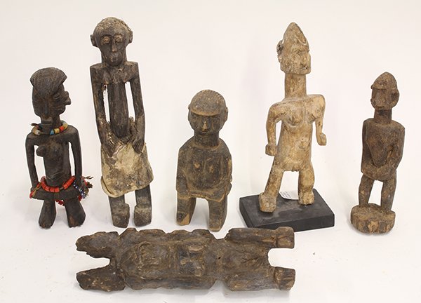 Burkina Faso and Mali West African carvings: (lot of 6) Burkina Faso and Mali West African carved wood figures showing signs of age and use, 11.5"h Provenance: From the estate of Edward Gerber
