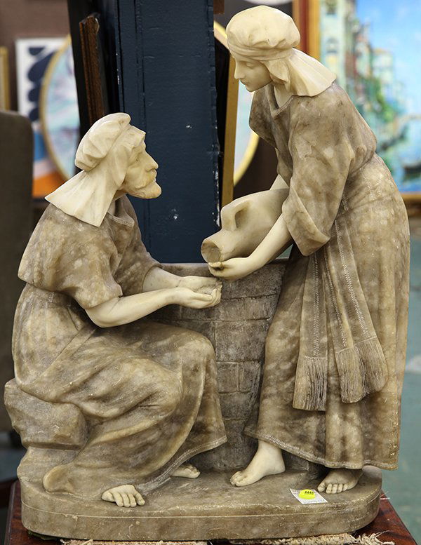 Sculpture by Pugi: Pugi (Italian, 19th/20th century), At the Well, marble sculpture, signed lower back, overall: 24"h x 18.5"w x 10"d