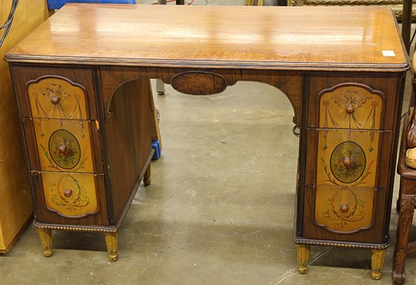 Continental partial painted desk: Continental polychrome decorated desk, the rectangular top rising above six drawers decorated with swags and floral sprays, and rising on tapered legs, 30"h x 48"w x 23.5"d