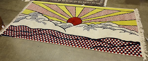 Modernist Nepalese carpet, in the style of: Modernist Nepalese carpet, in the style of Lichtenstein, 7'8" x 4'. Provenance: From the estate of Edward Gerber