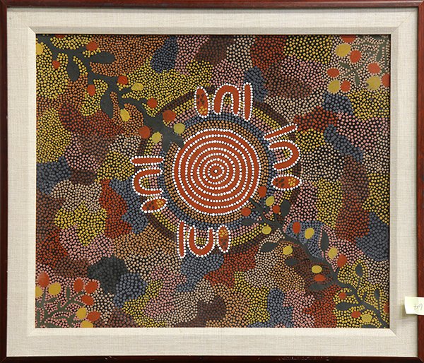 Dot painting, Christine Brown Pitaujarra: Christine Brown Pitaujarra (Aboriginal, 20th century), Untitled, acrylic dot painting on board, signed verso, overall (with frame): 24.5''h x 28.5''w