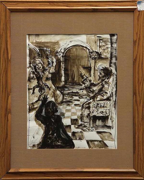 Work by Kevork Mourad: Kevork Mourad (Syrian, b. 1970), King Soloman Court Scene, 1998, mixed media on paper, watercolor and gouache, signed and dated lower right, signed lower left, sight: 20.5"h x 16"w, overall (with fram