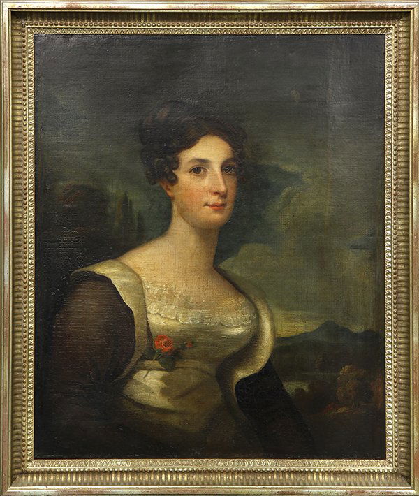 Painting, 19th c. European School: British School (19th century), Portrait of a Lady, oil on canvas, unsigned, Hay & Lyall Carvers and Gilders to the Queen (Aberdeen, Scotland) label affixed verso, overall (with frame): 34.5''h x 29.75