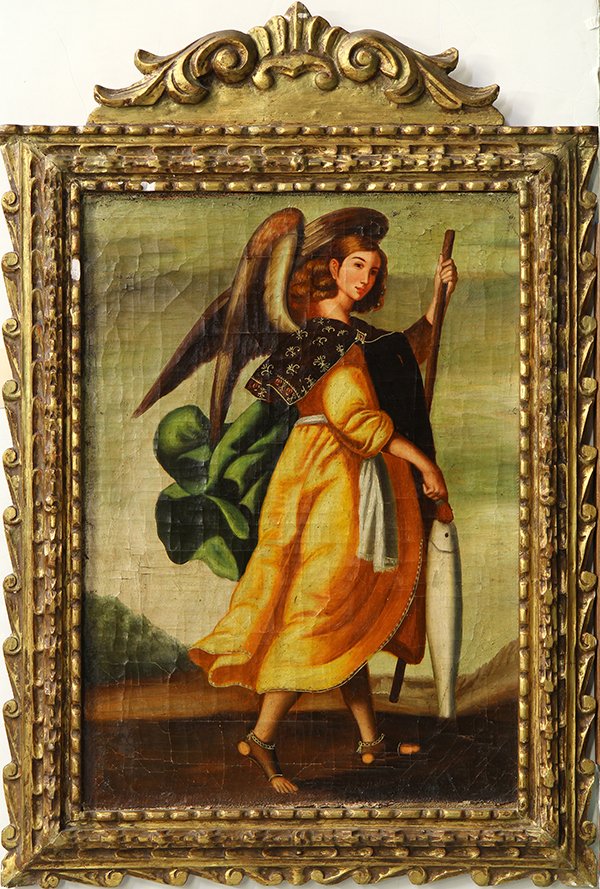 Painting, 19th c. Spanish Colonial School: Spanish Colonial School (19th cenutry), Angel Raphael, oil on burlap, unsigned, overall (with frame): 38.75''h x 26''w