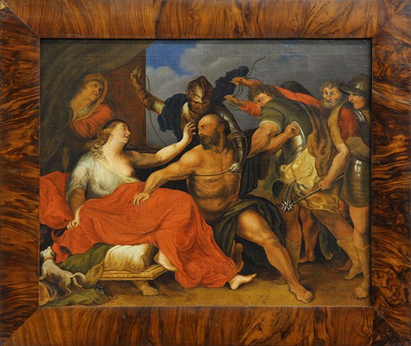 Painting, 19th c. Continental School: Continental School (19th century), Samson and Delilah, 1869, oil on canvas, signed indistinctly lower right "J. Colhn (2)," dated lower left, overall (with frame): 24"h x 28"w