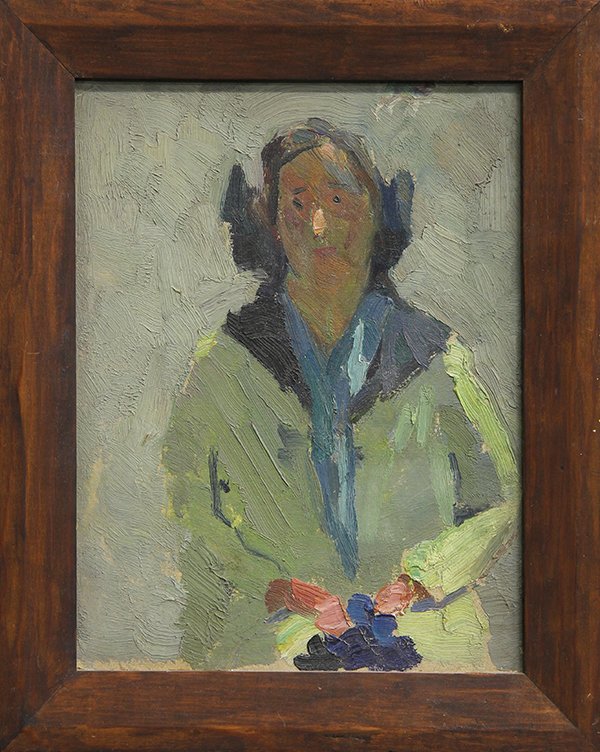 Painting, Helen Katharine Forbes: Helen Katharine Forbes (American, 1891-1945), Untitled (Portrait of a Woman), oil on board, unsigned, name inscribed verso, overall (with frame): 12''h x 10''w. Provenance: From the estate of Jose Ram