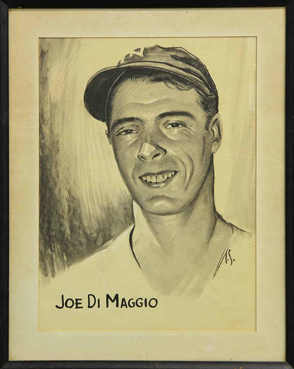 Drawing, Attributed to Irving Sinclair, Joe Dimaggio: Irving Sinclair (Canadian,1895-1969), "Joe Dimaggio," charcoal drawing, initialled lower right, titled lower left, overall (with frame): 29"h x 23"w