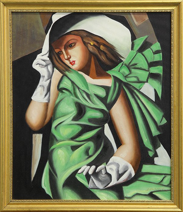Painting, Manner of Tamara De Lempicka: Manner of Tamara De Lempicka (American/Polish, 1898-1980), Lady in Green Dress with a white Hat, oil on canvas, signed "S. Hofner" lower right, overall (with frame): 26.5"h x 22.75"w