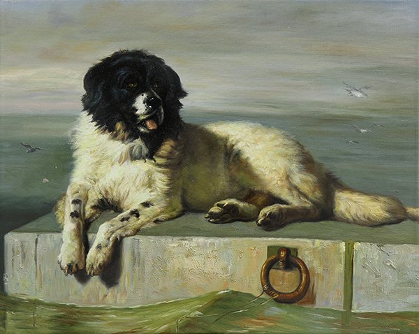 Painting, Manner of Sir Edwin Henry Landseer: Manner of Sir Edwin Henry Landseer (British, 1802-1873), The Newfoundland, oil on canvas, unsigned, 20th century, canvas (unframed): 16"h x 20"w