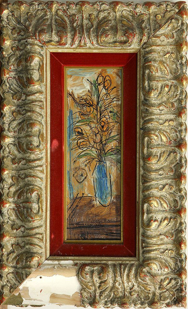 Paintings by Pascal Cucaro: (lot of 3) Pascal Cucaro (American, 1915-2004), "Floral Scene" and Street Scenes with Figures (2), oils on board, each signed, one titled verso, largest overall (with frame): 20.5"h x 12.75"w