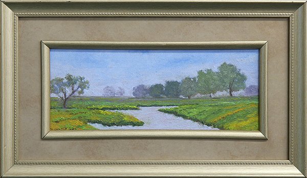 Painting, Jesse Don Rasberry: Jesse Don Rasberry (American, b. 1940), California Landscape with Stream and Poppies, oil on board, signed lower left, overall (with frame): 8.25"h x 14"w