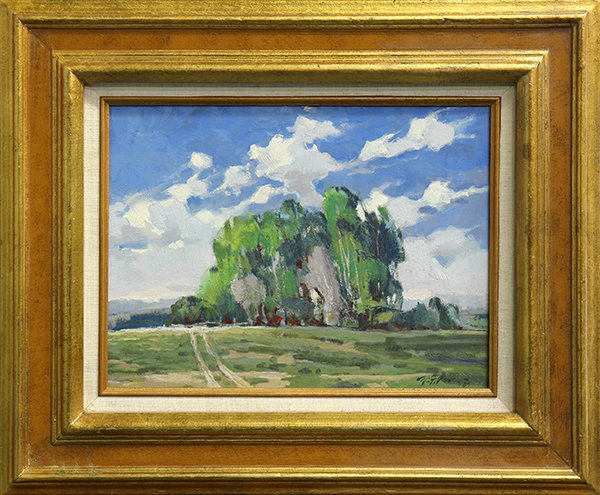 Painting, William Foster Reese, Summer Breeze: William Foster Reese (American, 1938-2010), "Summer Breeze," poiul on masonite, signed lower right and verso, titled verso, overall (with frame): 20.25"h x 24.25"w