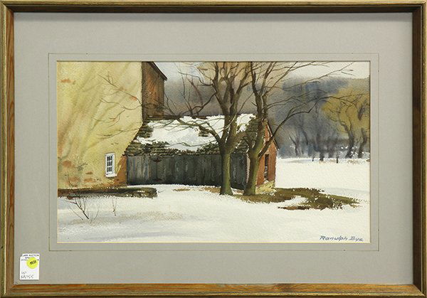 Watercolor, Ranulph Bye, Barn in Snow: Ranulph (De Bayeux) Bye (American, 1916-2003), Barn in Snow, watercolor, signed lower right, overall (with frame): 20"h x 28.5"w