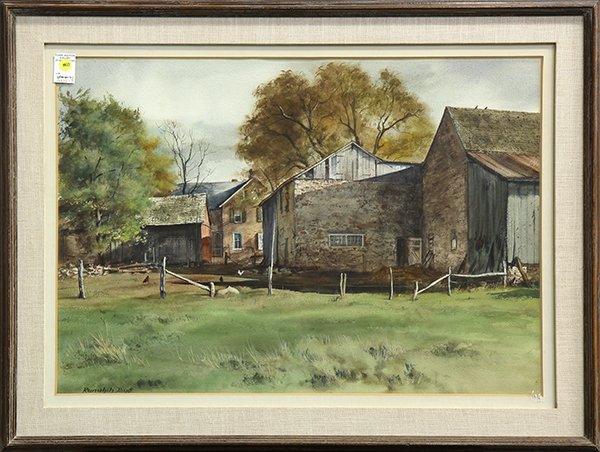 Watercolor, Ranulph (De Bayeux) Bye: Ranulph (De Bayeux) Bye (American, 1916-2003), Farm Scene with Chickens by the Barn, watercolor, signed lower left, overall (with frame): 27"h x 36"w