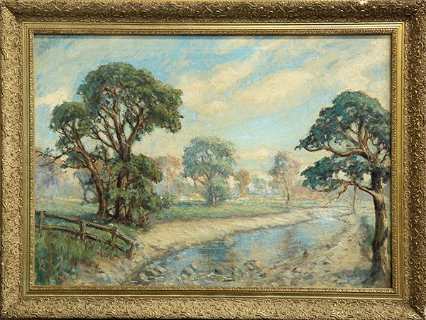 Painting, Sara Kolb Danner, California Oaks: Sara Kolb Danner (American, 1894-1969), California Oaks, oil on canvas, signed verso, overall (with frame): 27"h x 36"w