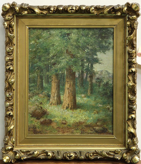 Painting, Redwoods Near the Mountain: California School (20th century), Redwoods Near the Mountain, oil on canvas board, unsigned, overall (with frame): 19.5"h x 16.75"w