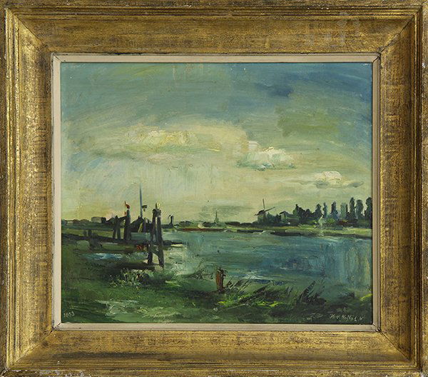 Painting, Landscape with Windmill: Dutch School (20th century), Landscape with Windmill, 1953, oil on canvas, signed indistinctly (Von Nolfolk?) and dated lower right, overall (with frame): 26"h x 30.5"w